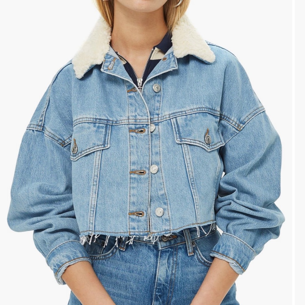 TOPSHOP Borg Faux Fur Collar Hacked Denim cropped jean jacket 8 10 NWT